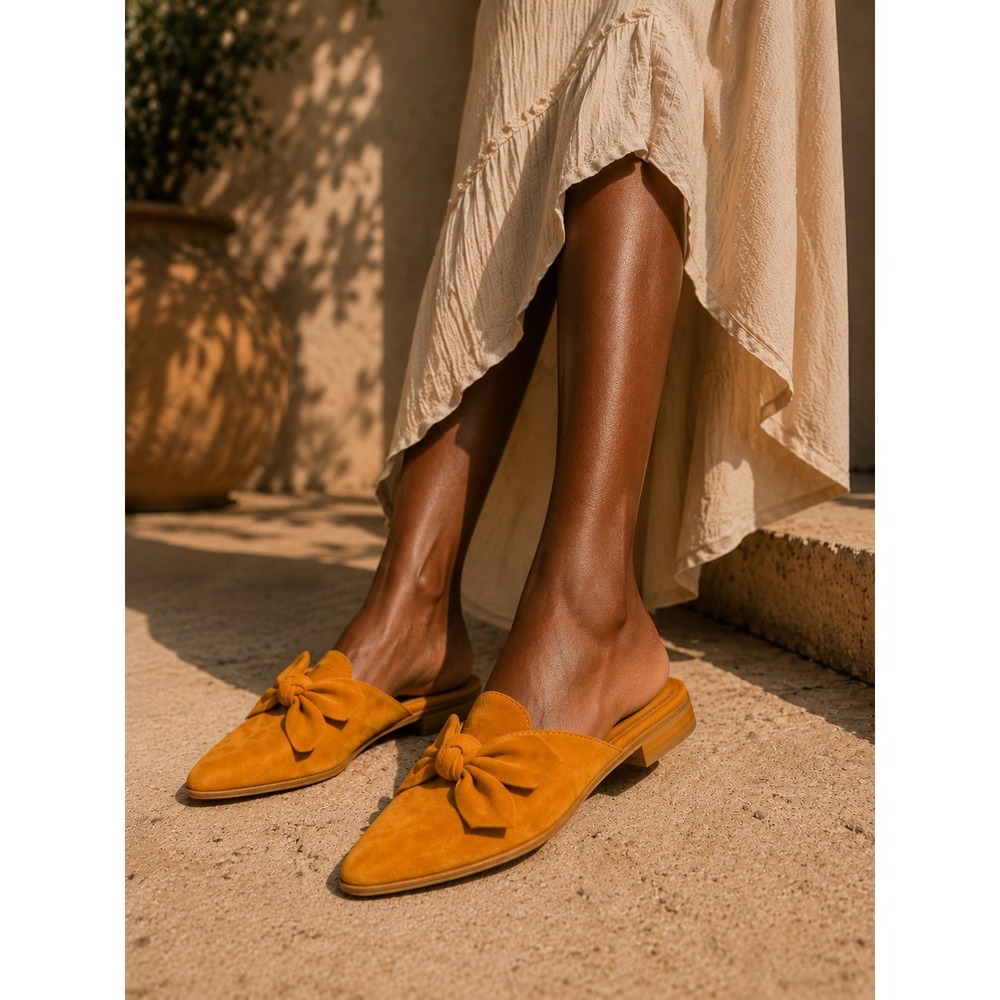 Beast Fashion Womens Mustard Yellow Faux Suede Pointed Toe Bow Mules Size 9
